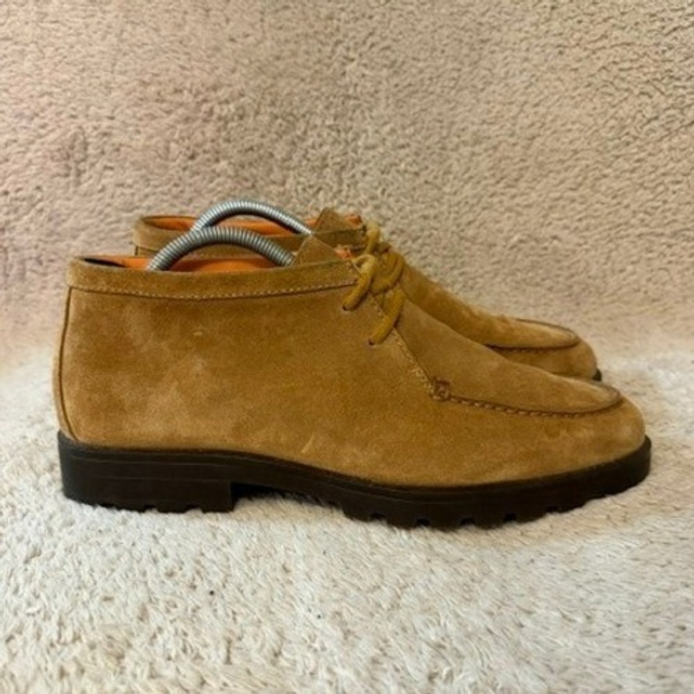 Santoni Moc-Toe Lace Up Suede Chukka Boots Mens Tan Lug Sole Made In Italy EUC